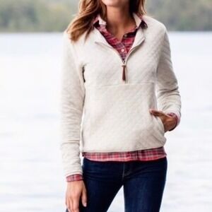 Guideboat Co XL Women's J'Adore Quilted Half Zip Pullover Oatmeal USA Cotton HTF
